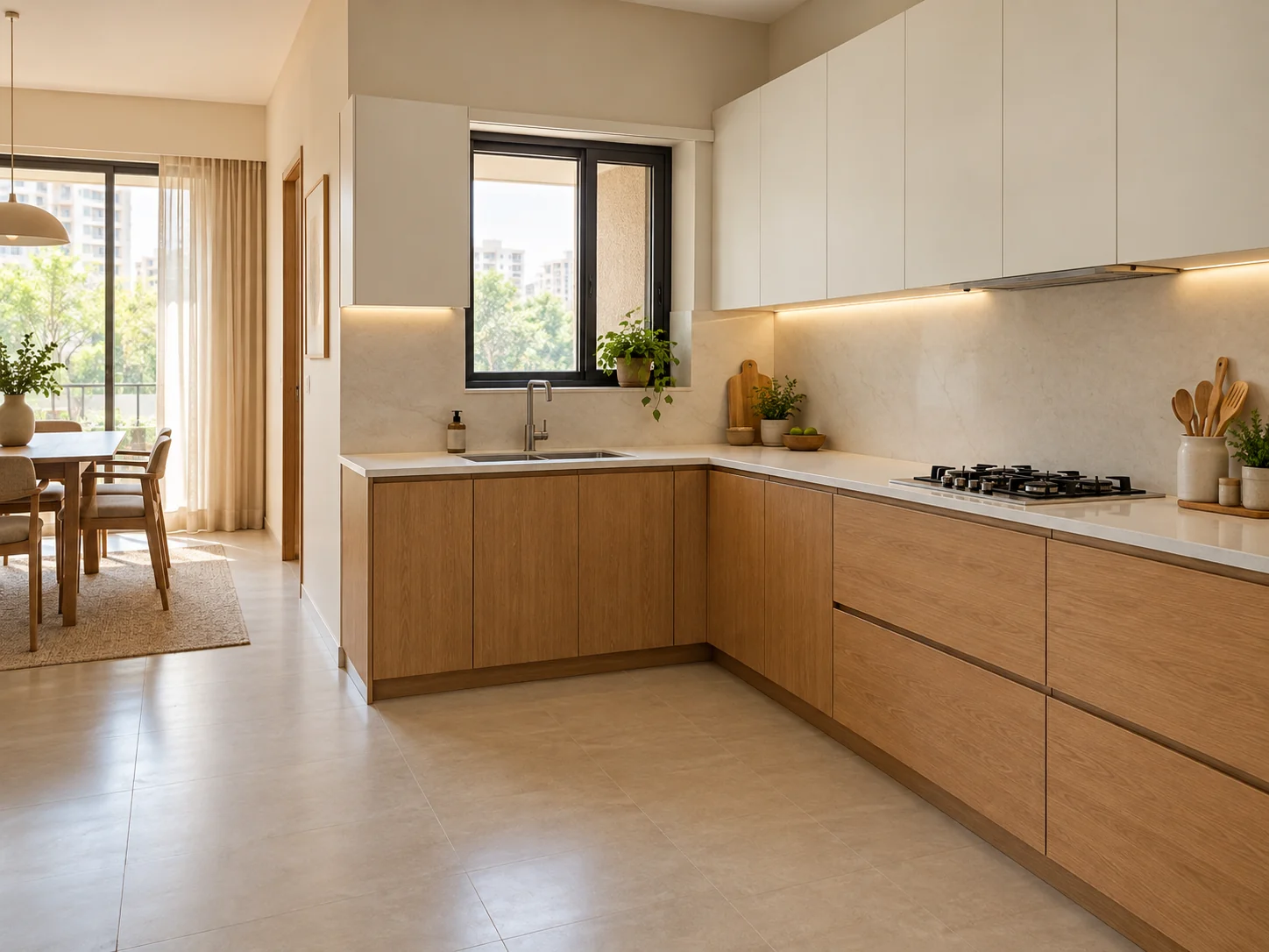 L-shaped oak kitchen with white wall cabinets and quartz worktops on two adjoining walls