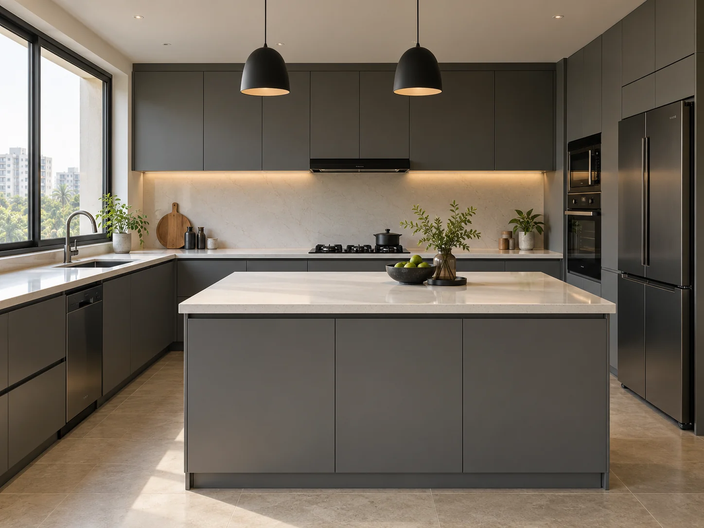 Matte graphite kitchen with an island, pale quartz worktops and integrated tall storage