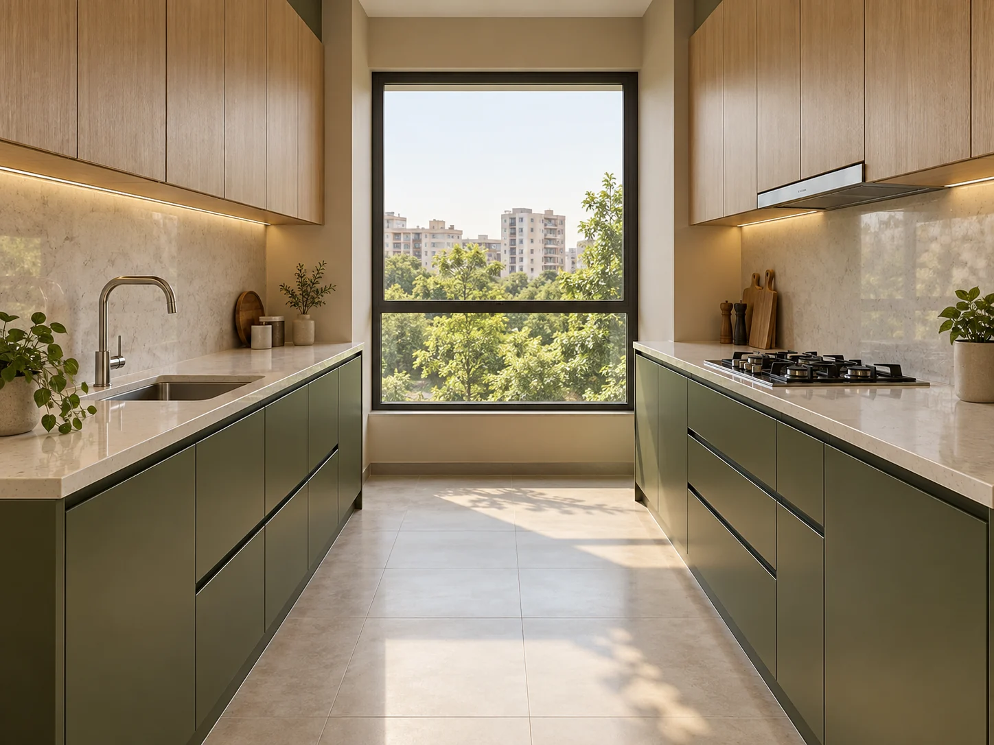 Olive and oak galley kitchen with two facing cabinet runs and a clear central aisle