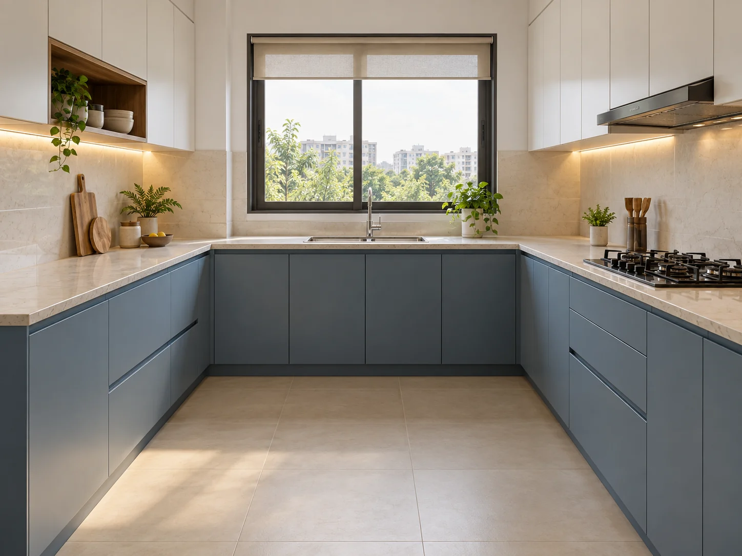 U-shaped blue-grey kitchen with three connected worktops and a window above the sink